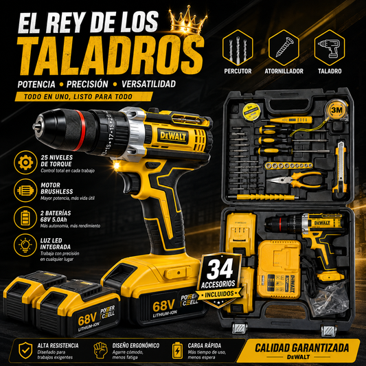 TALADRO DEWALT 68V PRO | Potencia Inalámbrica + Kit de 34 Accesorios⚡