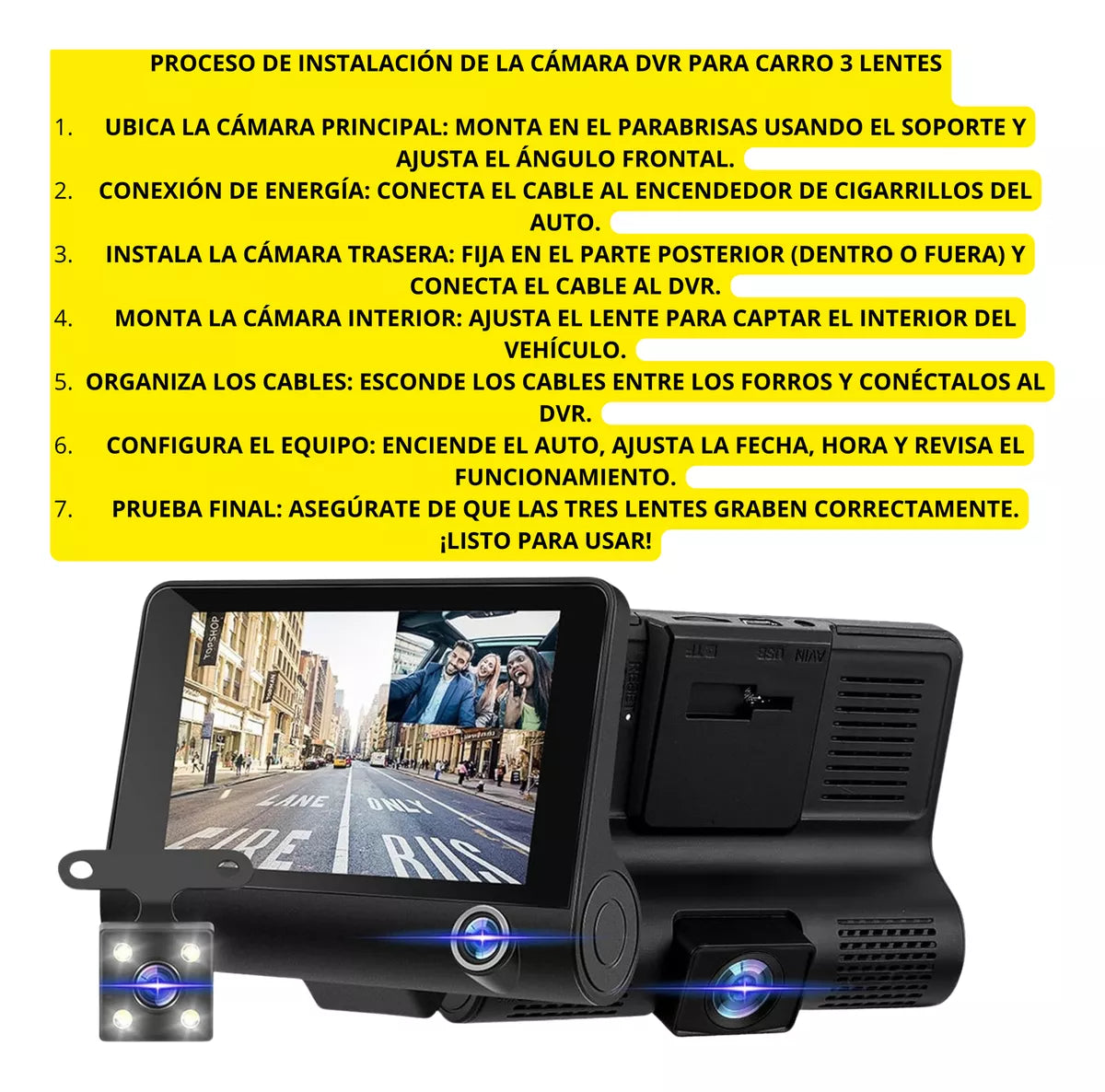 🚘📸 VIDEO CÁMARA DVR PARA CARRO 3 LENTES|FRONTAL – REVERSA – INTERIOR|FULL HD 1080P 🔥🎥