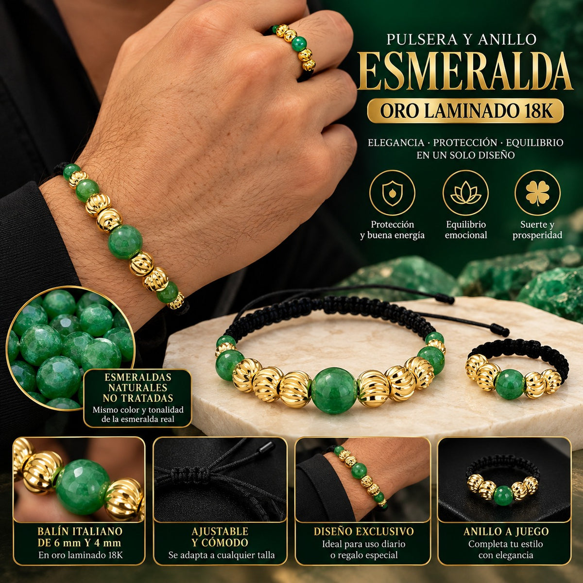 💚 CONJUNTO ESMERALDA IMPERIAL – Pulsera + Anillo en Oro Laminado 18K